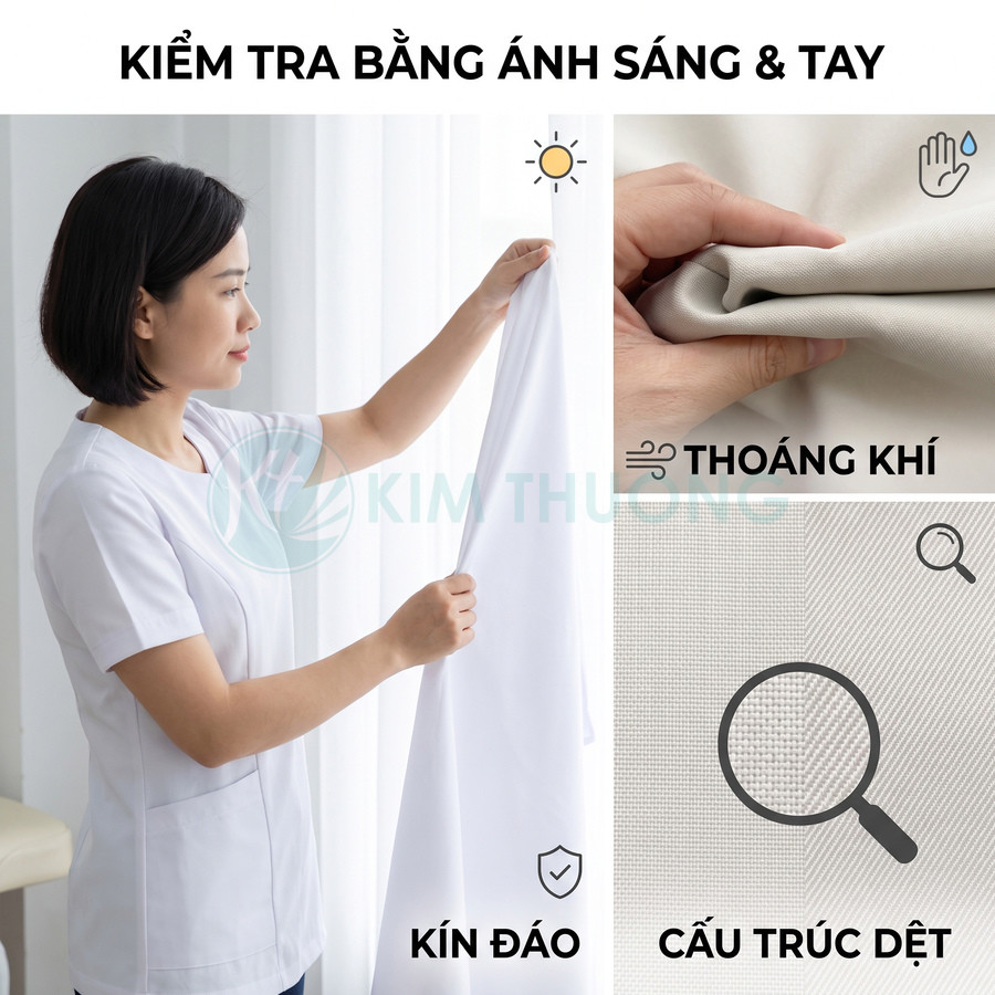 Vải rèm trắng kín đáo, thoáng khí với cấu trúc dệt mịn, được kiểm tra dưới ánh sáng tự nhiên
