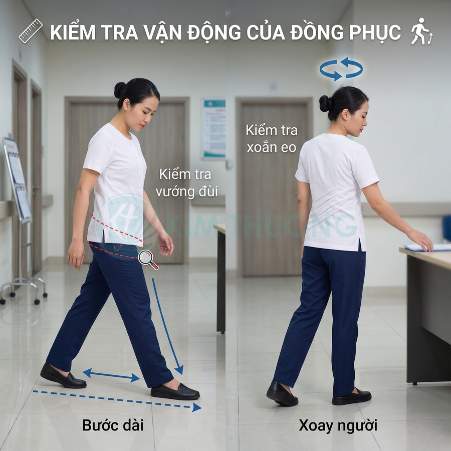 Nhân viên y tế mặc đồng phục áo trắng quần xanh kiểm tra độ thoải mái khi bước đi và xoay người