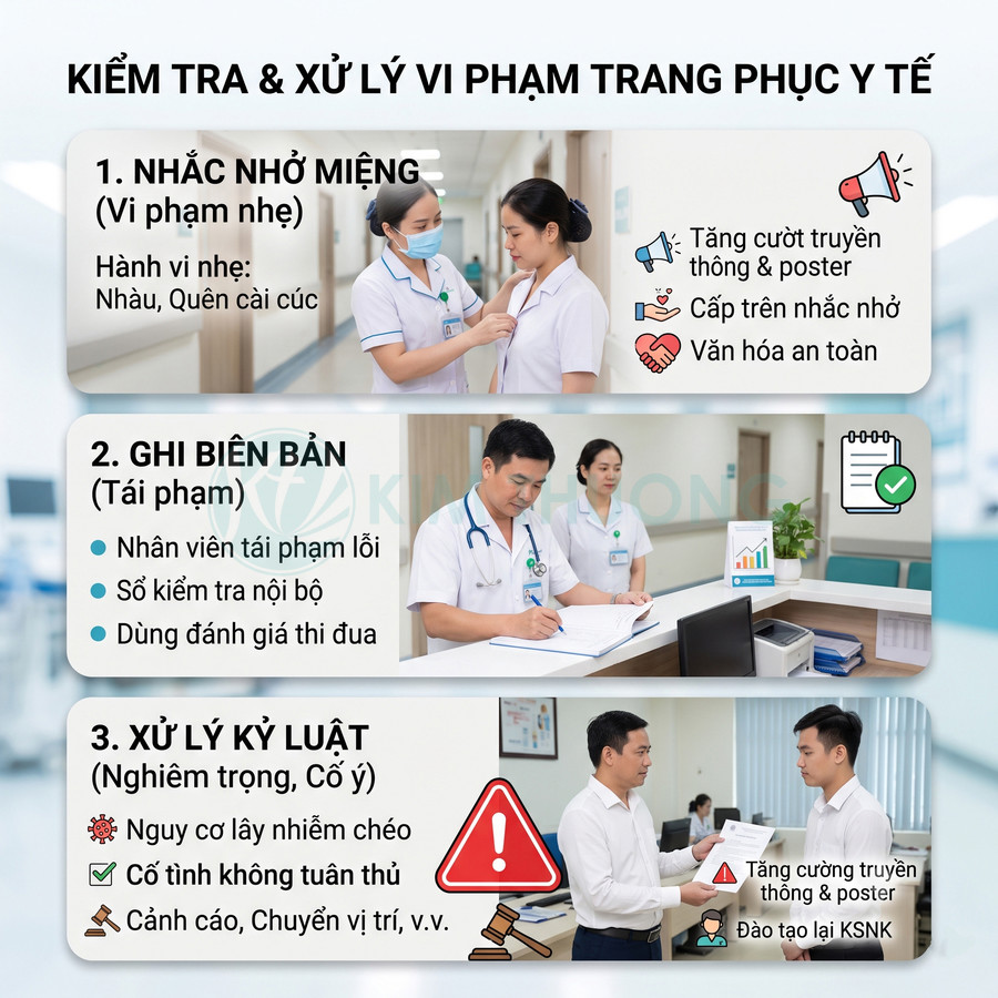 Quy trình kiểm tra và xử lý vi phạm trang phục y tế với nhân viên bệnh viện trong ba mức nhắc nhở và kỷ luật