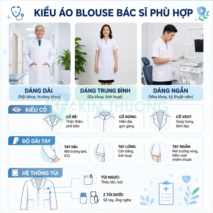 Các kiểu áo blouse bác sĩ dáng dài trung bình ngắn với nhiều lựa chọn cổ tay áo và hệ thống túi tiện dụng