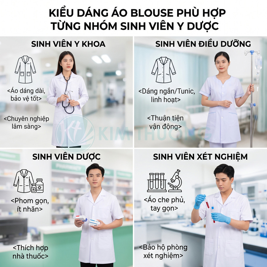 Các mẫu áo blouse trắng cho sinh viên y khoa, điều dưỡng, dược và xét nghiệm trong bệnh viện