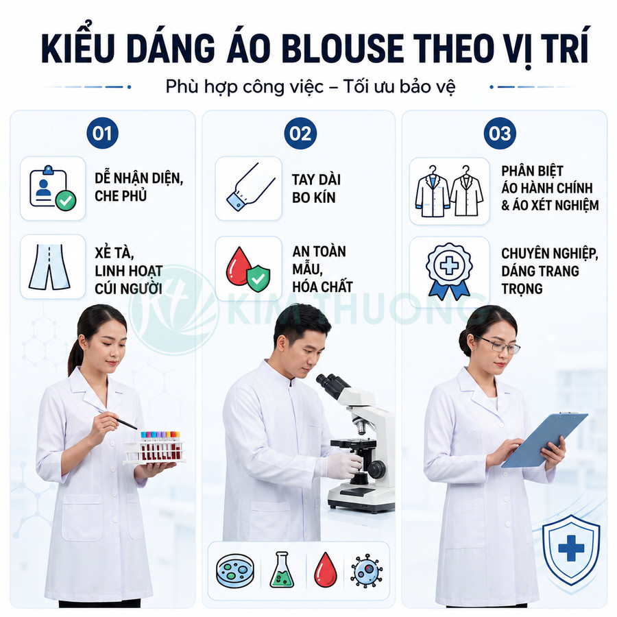 Áo blouse bác sĩ trắng tay dài cho nhân viên y tế, thiết kế kín đáo chuyên nghiệp phù hợp phòng khám và bệnh viện