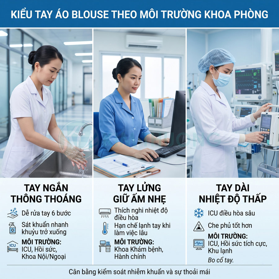 Các kiểu tay áo blouse y tế tay ngắn tay lửng tay dài phù hợp từng môi trường khoa phòng