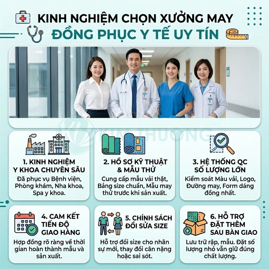 Infographic kinh nghiệm chọn xưởng may đồng phục y tế uy tín với hình ảnh đội ngũ bác sĩ, y tá mặc đồng phục chuyên nghiệp