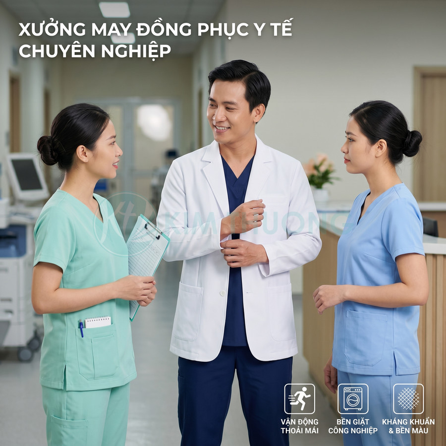 Bộ đồng phục y tế chuyên nghiệp cho bác sĩ và y tá với áo blouse trắng và đồ scrubs xanh trong bệnh viện