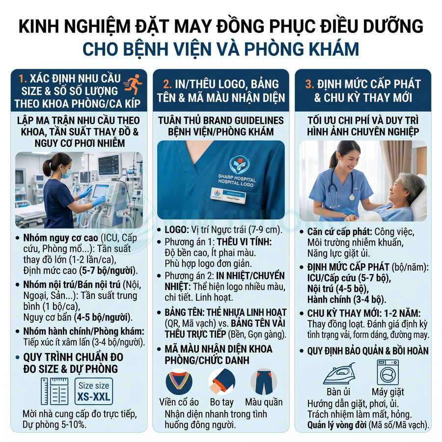 Hướng dẫn chọn và may đồng phục điều dưỡng bệnh viện với logo, bảng tên và màu nhận diện chuyên nghiệp