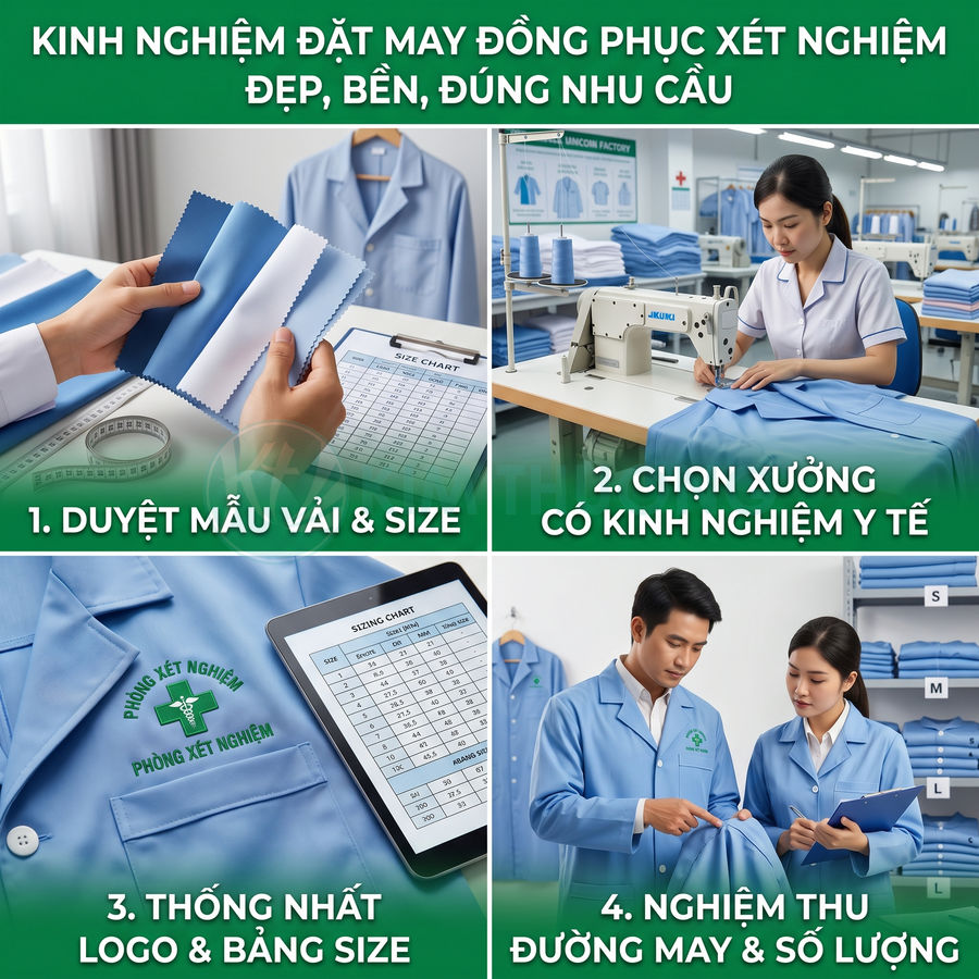 Quy trình đặt may đồng phục phòng xét nghiệm màu xanh, duyệt mẫu vải, chọn xưởng, thống nhất logo và kiểm tra sản phẩm