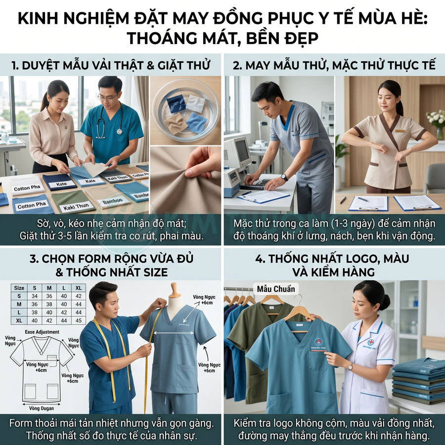 Hướng dẫn chọn vải, may đo và kiểm tra đồng phục y tế mùa hè thoáng mát bền đẹp cho nhân viên bệnh viện