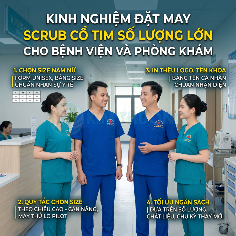 Nhân viên y tế mặc đồng phục scrub cổ tim màu xanh in logo bệnh viện đứng trao đổi trong hành lang phòng khám