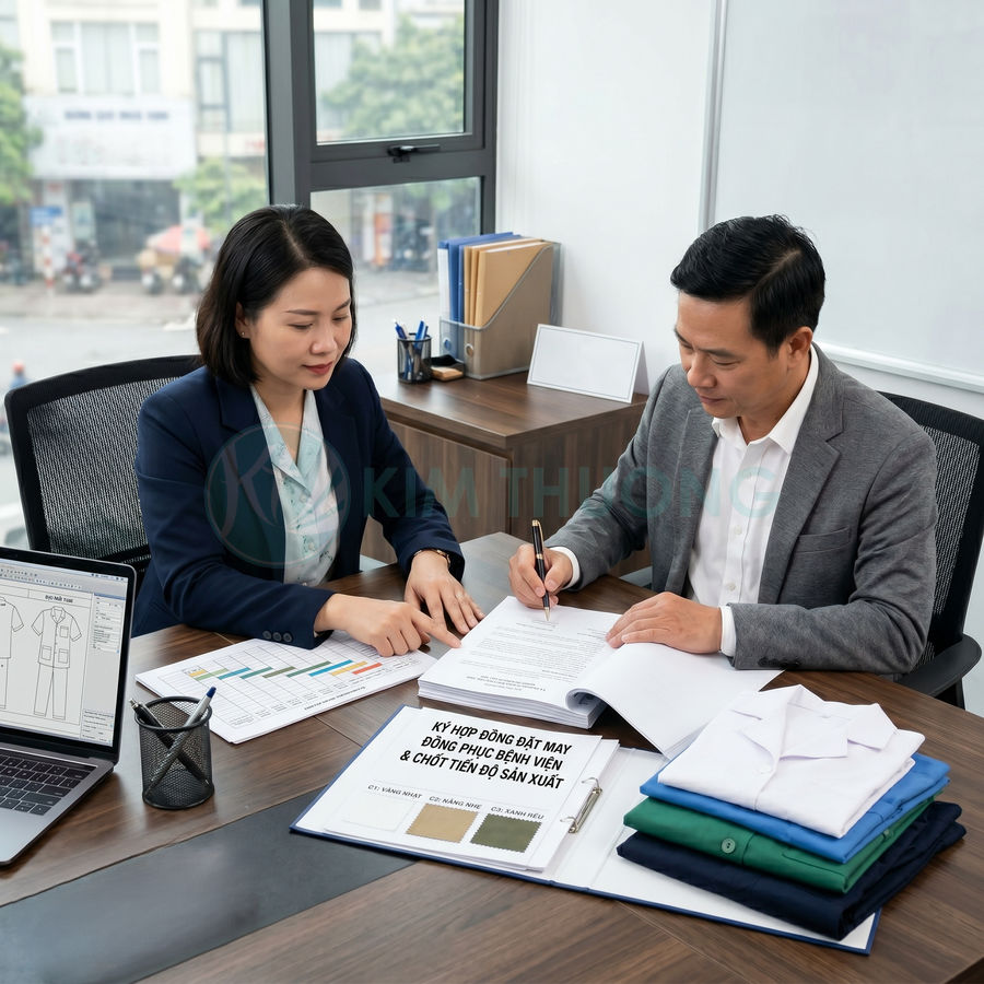 Ký hợp đồng đặt may đồng phục bệnh viện với mẫu áo sơ mi và vải màu trưng bày trên bàn làm việc