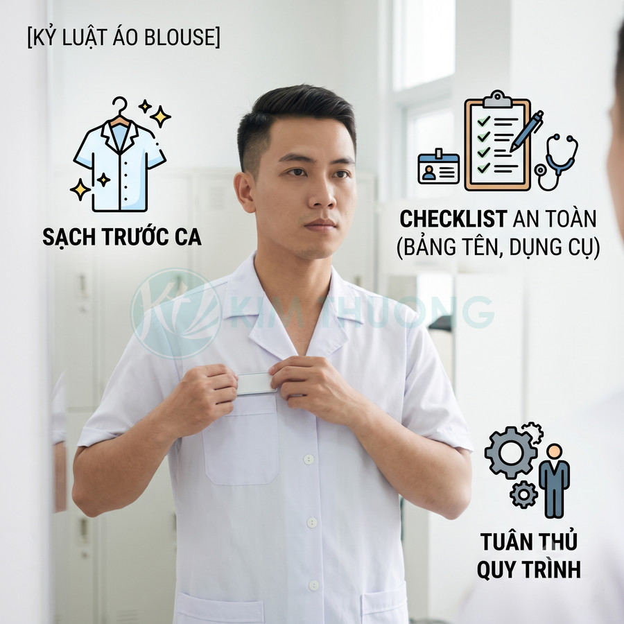 Nam nhân viên y tế mặc áo blouse trắng gắn bảng tên, nhấn mạnh áo sạch và tuân thủ quy trình an toàn