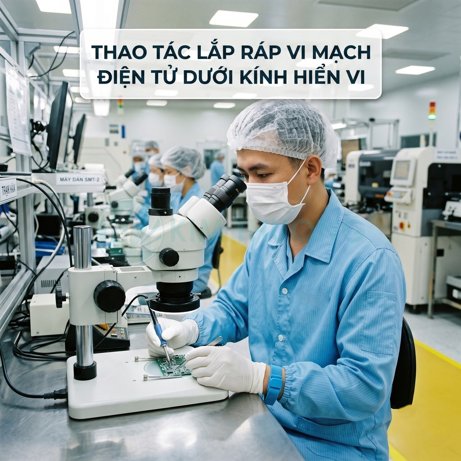 Kỹ thuật viên lắp ráp và hàn vi mạch điện tử trên bo mạch dưới kính hiển vi trong phòng sạch