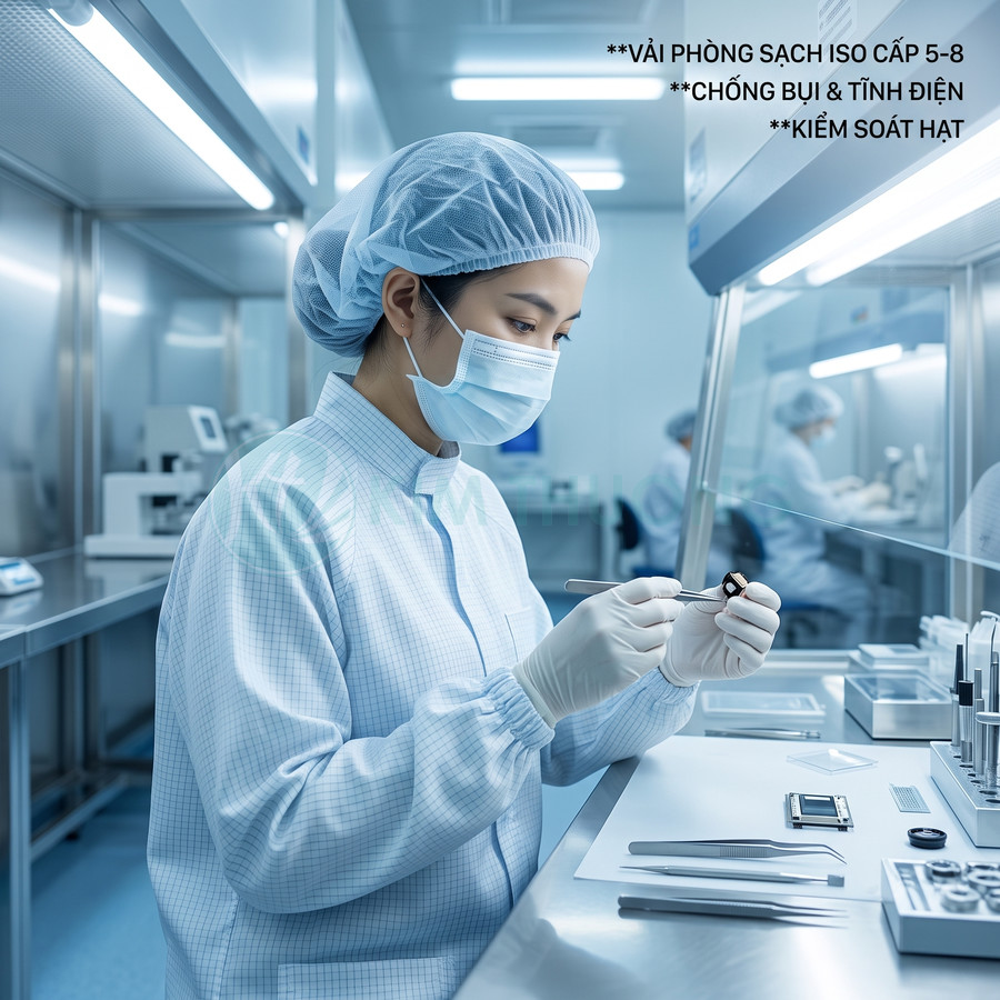 Nhân viên mặc đồ bảo hộ phòng sạch ISO kiểm tra linh kiện điện tử nhỏ trên bàn dụng cụ chuyên dụng