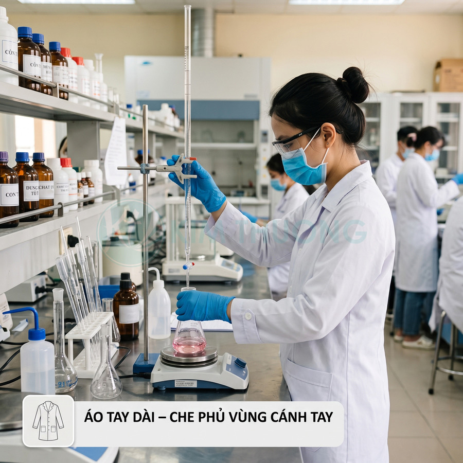 Áo blouse phòng thí nghiệm tay dài cho kỹ thuật viên hóa học đang thao tác với dụng cụ thí nghiệm