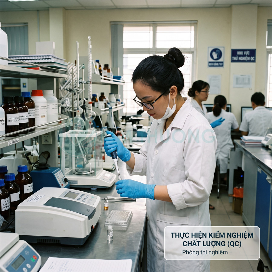Nhân viên phòng thí nghiệm kiểm nghiệm chất lượng sản phẩm với pipet và thiết bị đo hiện đại
