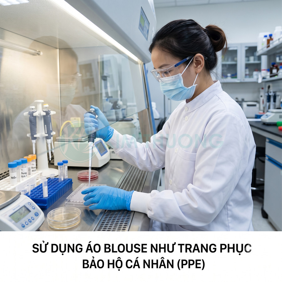 Nhân viên phòng thí nghiệm mặc áo blouse, đeo khẩu trang găng tay, thao tác pipet trong tủ an toàn sinh học