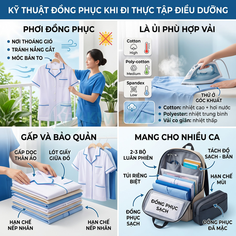 Hướng dẫn chăm sóc và gấp đồng phục thực tập điều dưỡng, treo phơi, là ủi và sắp xếp nhiều bộ trong balo