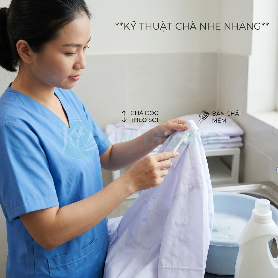 Nhân viên y tế dùng bàn chải mềm chà nhẹ vết bẩn trên áo blouse trắng cạnh chậu nước giặt