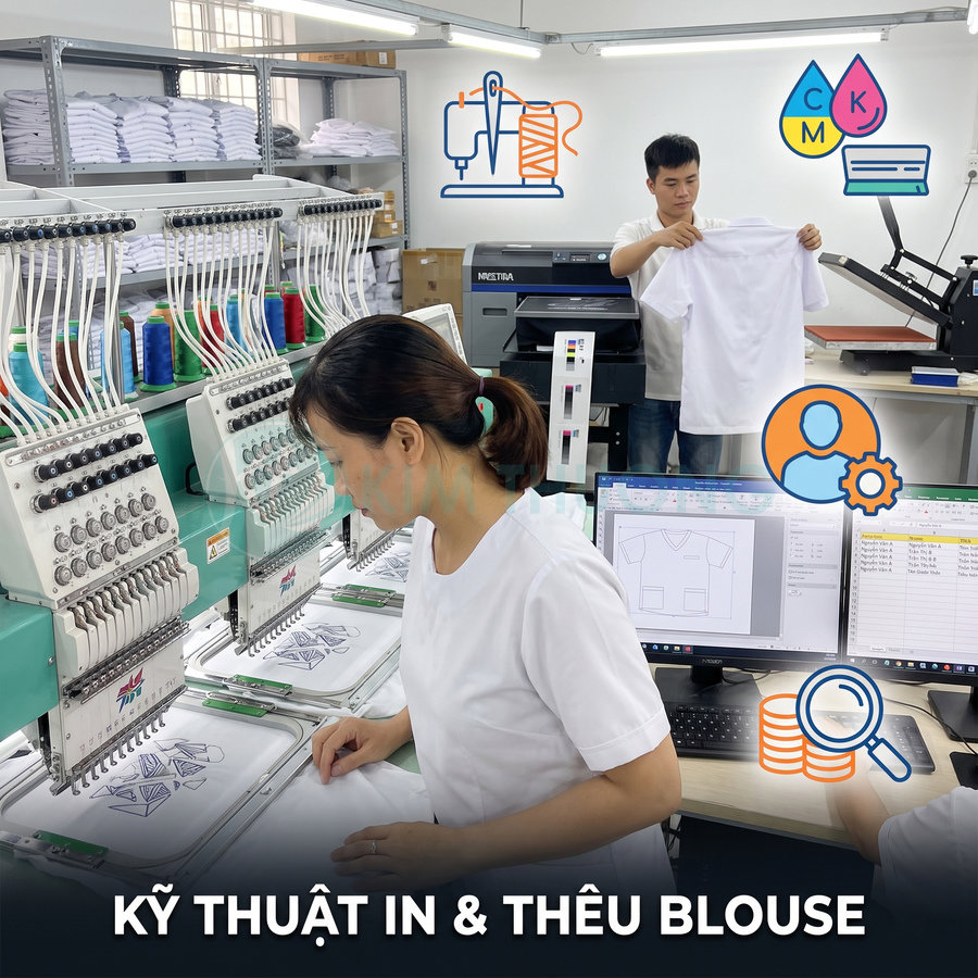 Nhân viên vận hành máy thêu và thiết kế mẫu áo blouse trắng trên máy tính
