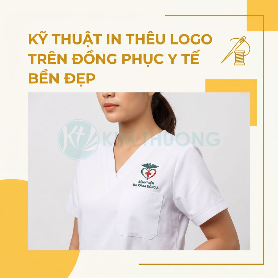 Đồng phục y tế màu trắng thêu logo Bệnh viện Đa khoa Đông Á trên ngực trái