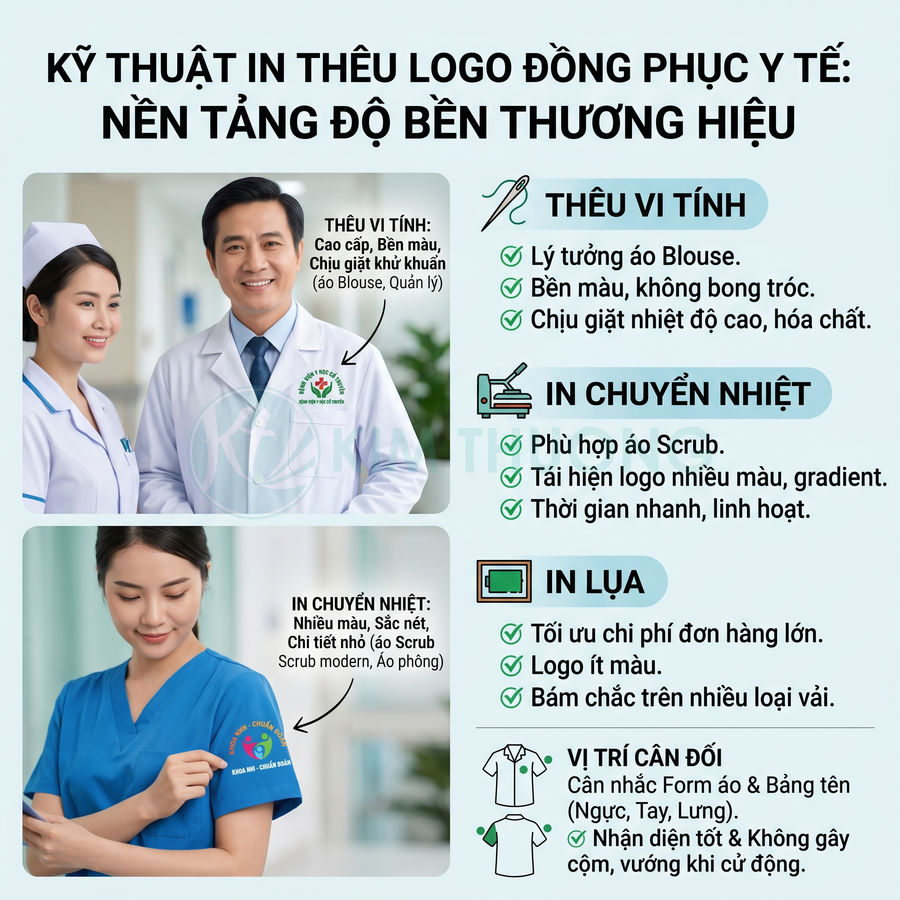 Bác sĩ và y tá mặc đồng phục y tế có thêu in logo thương hiệu trên áo blouse và áo scrub