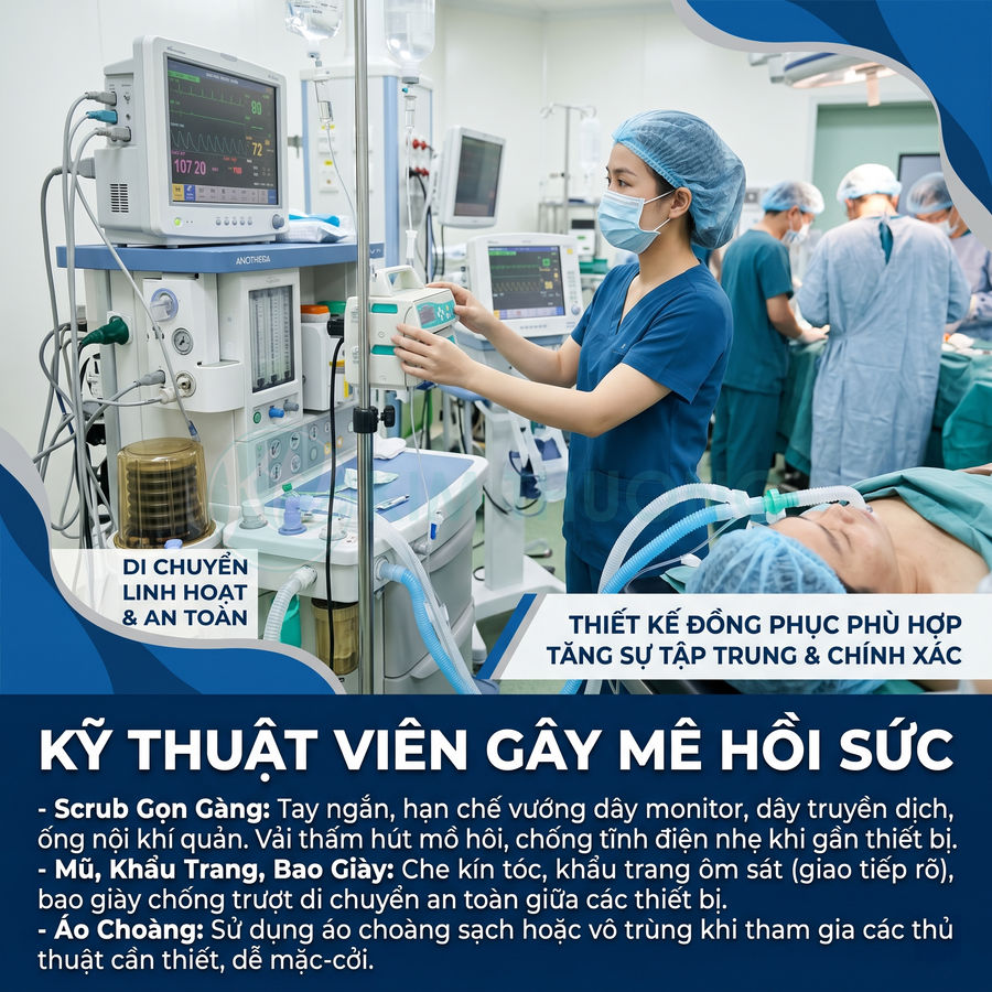 Kỹ thuật viên gây mê hồi sức mặc đồng phục y tế xanh điều chỉnh máy gây mê cạnh bệnh nhân trên bàn mổ