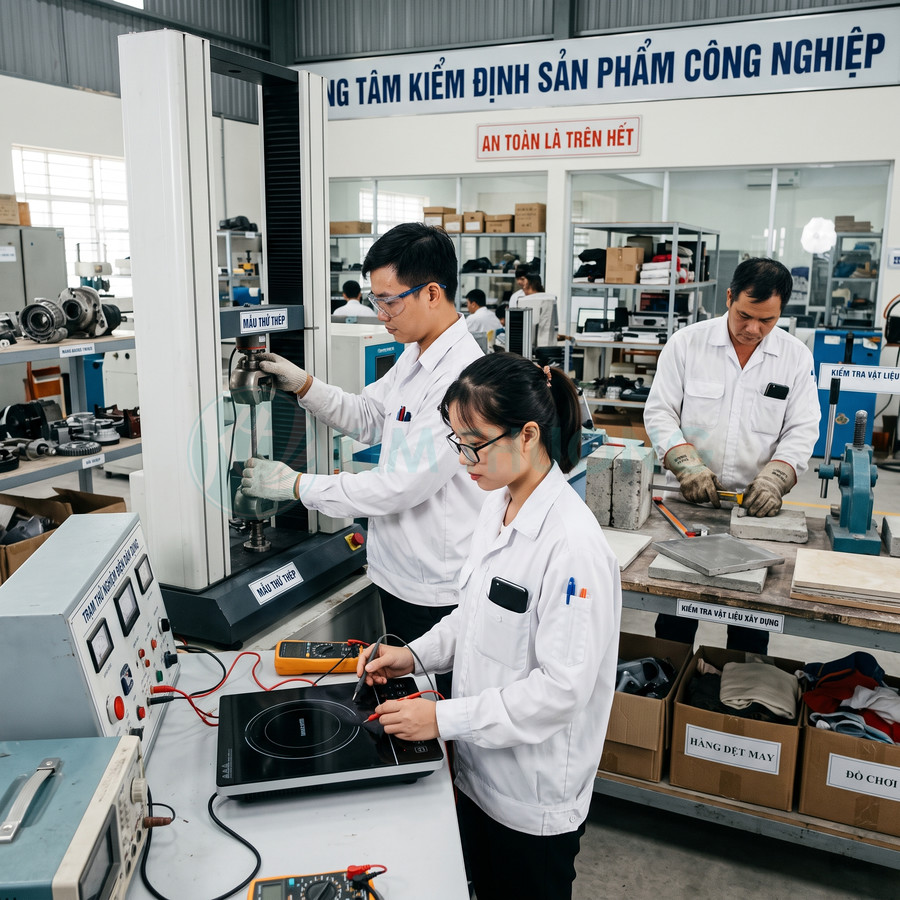 Kỹ sư kiểm định bếp từ và vật liệu công nghiệp trong phòng thí nghiệm kiểm tra chất lượng sản phẩm