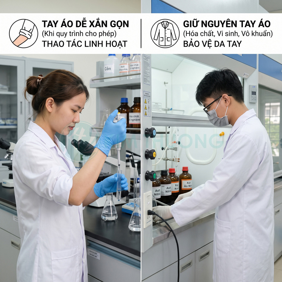 Áo blouse phòng thí nghiệm tay dài cho kỹ thuật viên hóa học thao tác với hóa chất và thiết bị an toàn