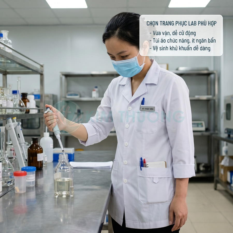 Kỹ thuật viên mặc áo blouse phòng thí nghiệm trắng, đeo khẩu trang, dùng micropipette lấy mẫu dung dịch