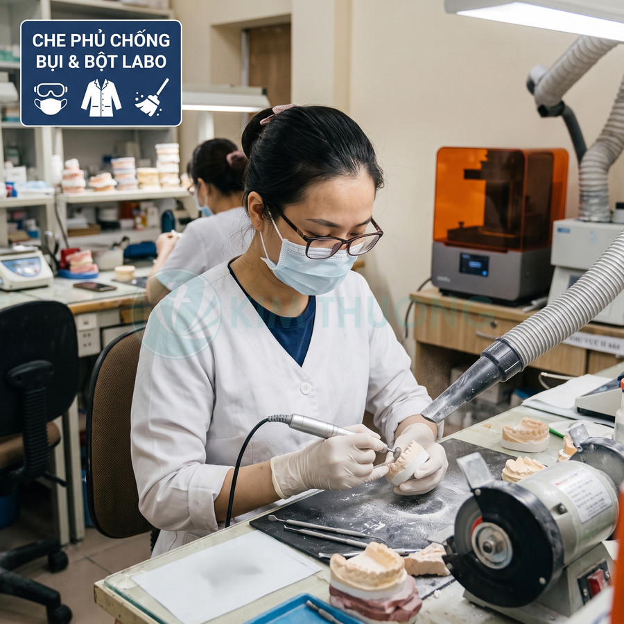 Kỹ thuật viên nha khoa đeo khẩu trang và găng tay mài chỉnh mẫu răng giả trong labo có hệ thống hút bụi