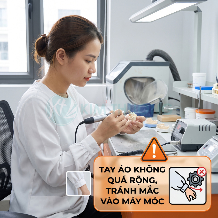 Nhân viên phòng lab nha khoa sử dụng máy mài răng giả, mặc áo tay gọn gàng để tránh mắc vào máy móc