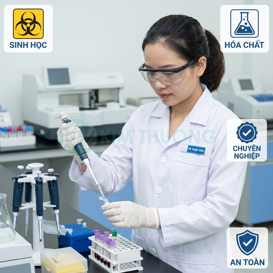Kỹ thuật viên phòng thí nghiệm dùng pipet xử lý mẫu trong môi trường sinh học và hóa chất an toàn, chuyên nghiệp