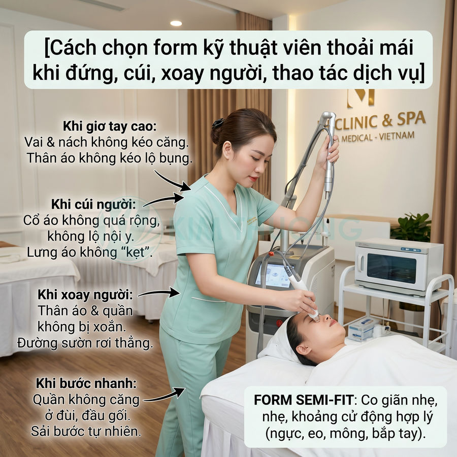 Kỹ thuật viên spa mặc đồng phục xanh pastel semi fit đang sử dụng máy chăm sóc da cho khách nằm trên giường spa