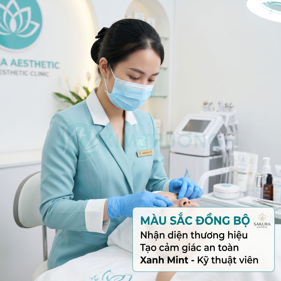 Kỹ thuật viên spa Sakura Aesthetic Clinic mặc đồng phục xanh mint đang chăm sóc da mặt cho khách hàng