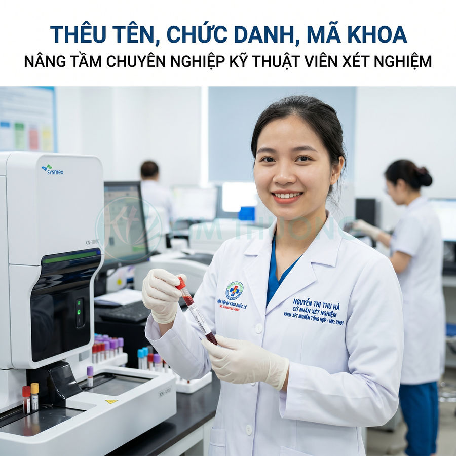 Kỹ thuật viên xét nghiệm mặc áo blouse thêu tên và chức danh đang cầm ống nghiệm máu trong phòng lab