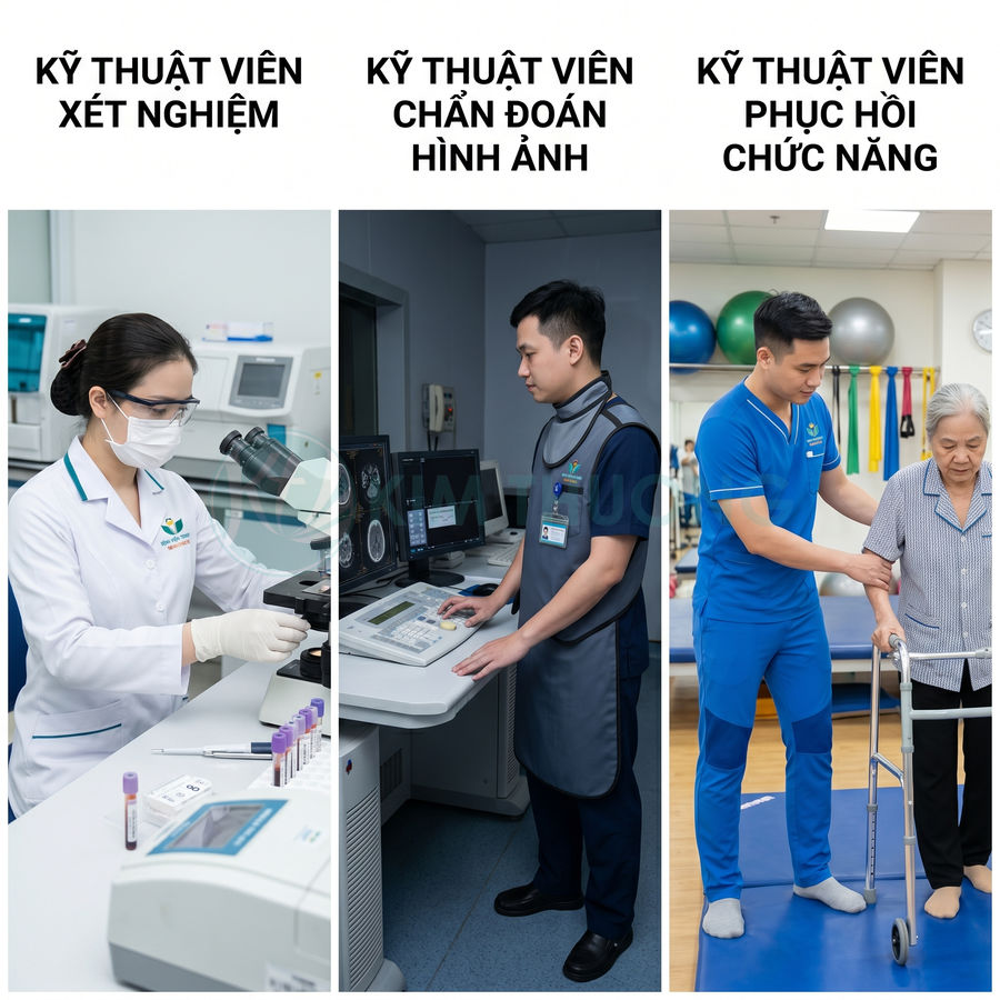 Kỹ thuật viên xét nghiệm, chẩn đoán hình ảnh và phục hồi chức năng đang làm việc tại bệnh viện