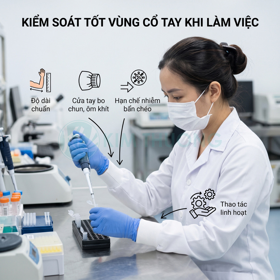 Găng tay y tế màu xanh ôm sát cổ tay giúp thao tác linh hoạt và hạn chế nhiễm bẩn chéo trong phòng thí nghiệm
