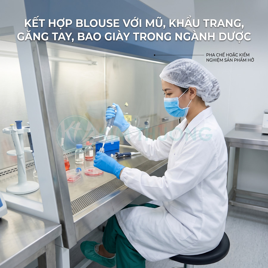 Nhân viên phòng thí nghiệm mặc blouse, mũ, khẩu trang, găng tay, bao giày thao tác pha chế trong tủ an toàn sinh học