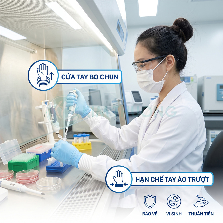 Áo blouse phòng thí nghiệm tay bo chun chống trượt, nữ kỹ thuật viên thao tác pipet trong tủ cấy vi sinh