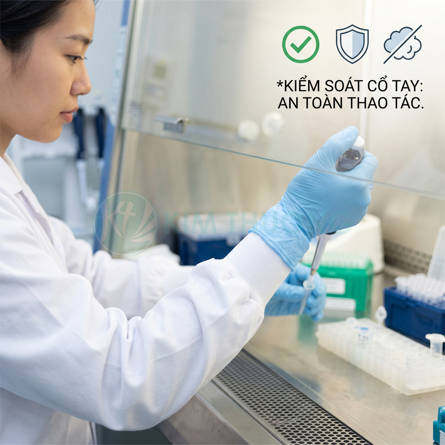 Nhân viên phòng thí nghiệm đeo găng tay y tế xanh thao tác an toàn với ống nghiệm và micropipette