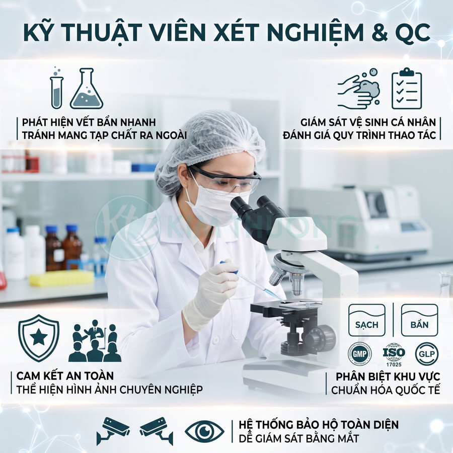 Kỹ thuật viên xét nghiệm mặc đồ bảo hộ đang soi mẫu bệnh phẩm dưới kính hiển vi trong phòng thí nghiệm