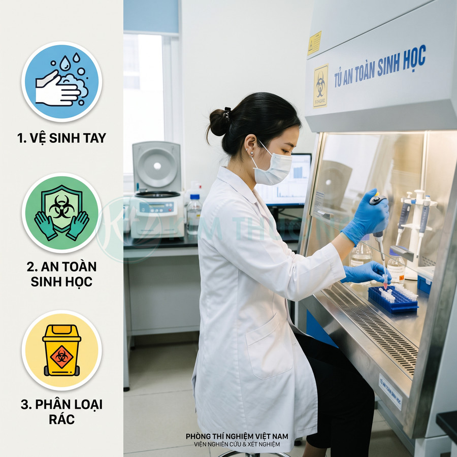 Kỹ thuật viên phòng thí nghiệm Việt Nam thao tác mẫu trong tủ an toàn sinh học, tuân thủ vệ sinh tay và phân loại rác