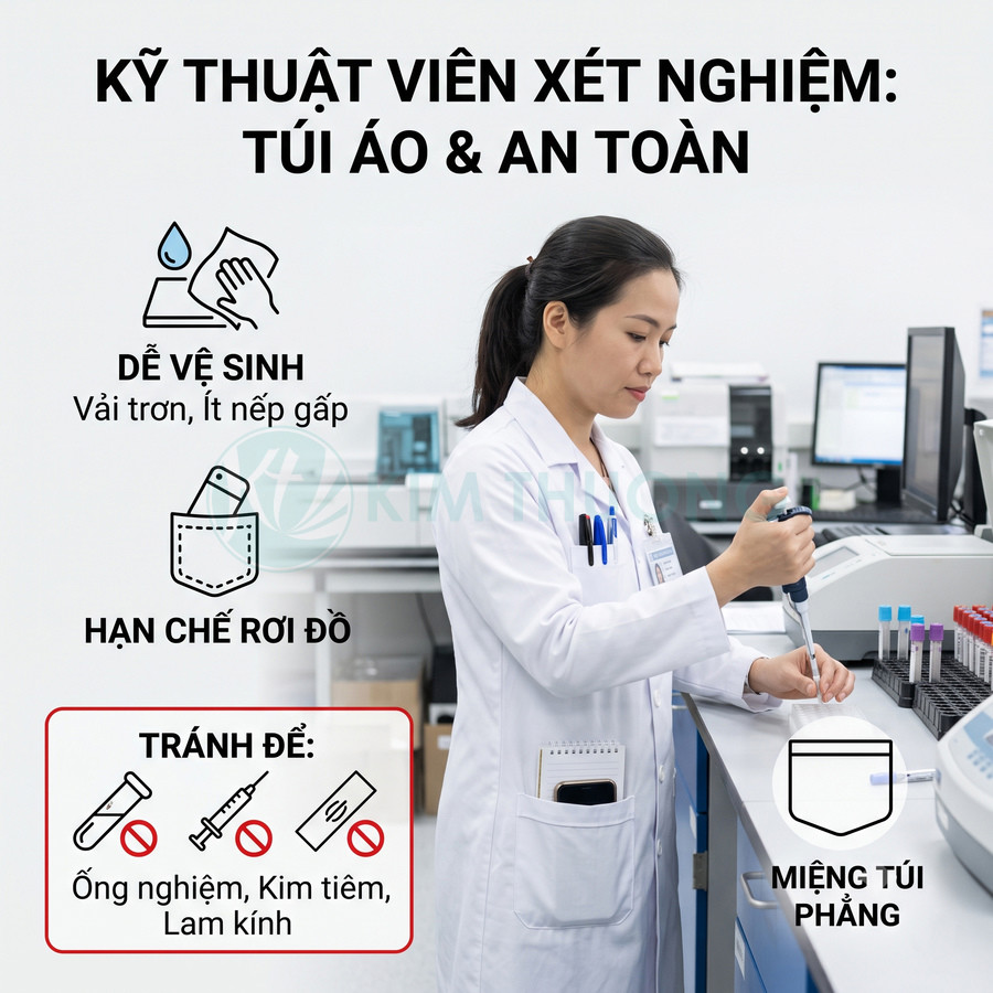 Áo blouse kỹ thuật viên xét nghiệm với túi áo phẳng an toàn, dễ vệ sinh, hạn chế rơi đồ trong phòng lab