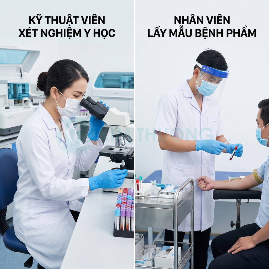 Kỹ thuật viên xét nghiệm y học soi mẫu dưới kính hiển vi và nhân viên y tế lấy máu xét nghiệm cho bệnh nhân