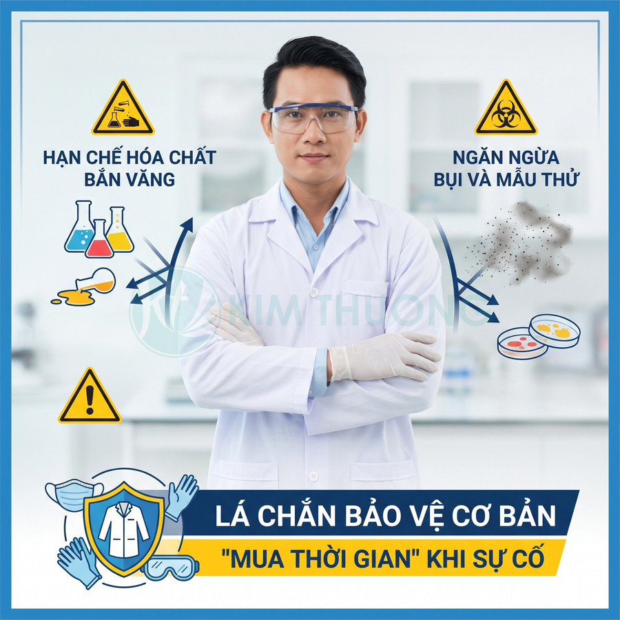 Bộ đồ bảo hộ phòng thí nghiệm gồm áo blouse, kính, khẩu trang và găng tay bảo vệ cơ bản.