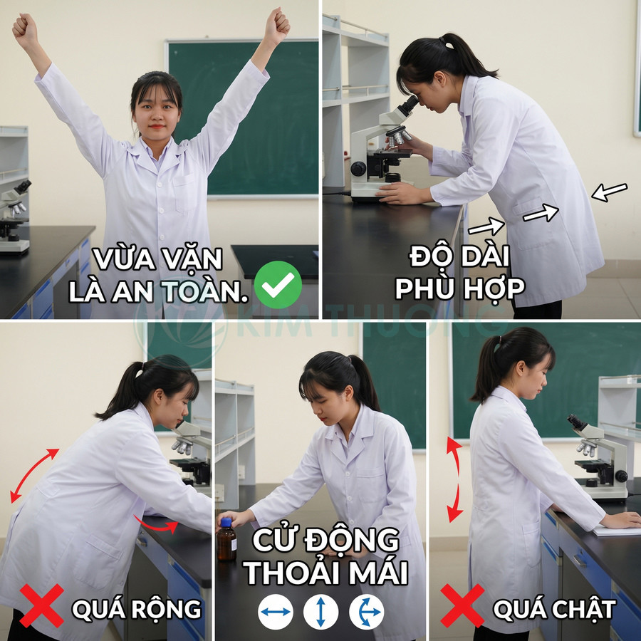 Áo blouse trắng vừa vặn giúp người mặc thoải mái vận động khi làm việc trong phòng thí nghiệm