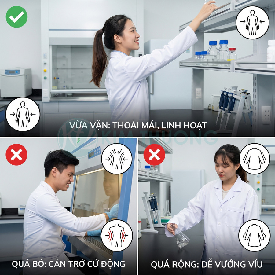 Áo blouse phòng thí nghiệm vừa vặn giúp cử động thoải mái, không quá bó hay quá rộng gây vướng víu