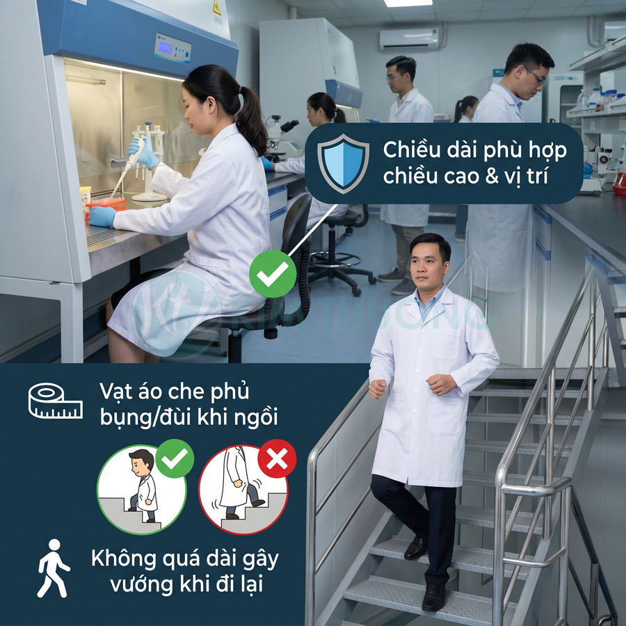 Áo blouse phòng thí nghiệm có chiều dài phù hợp, che phủ đùi khi ngồi và không vướng khi di chuyển