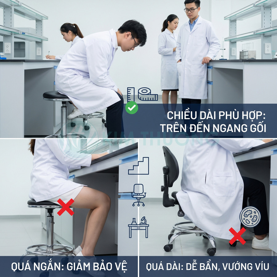 Áo blouse phòng thí nghiệm có chiều dài phù hợp đến ngang gối, tránh quá ngắn hoặc vướng víu khi ngồi làm việc