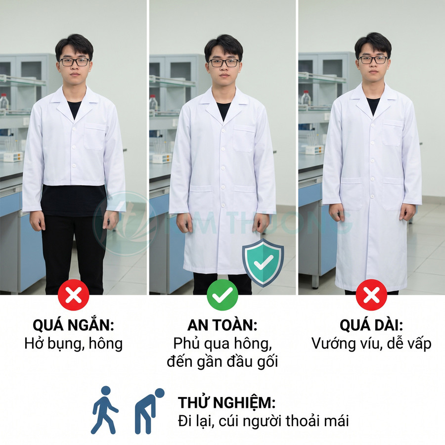 Hướng dẫn chọn áo blouse phòng thí nghiệm dài qua hông, gần đầu gối để che phủ an toàn và dễ vận động